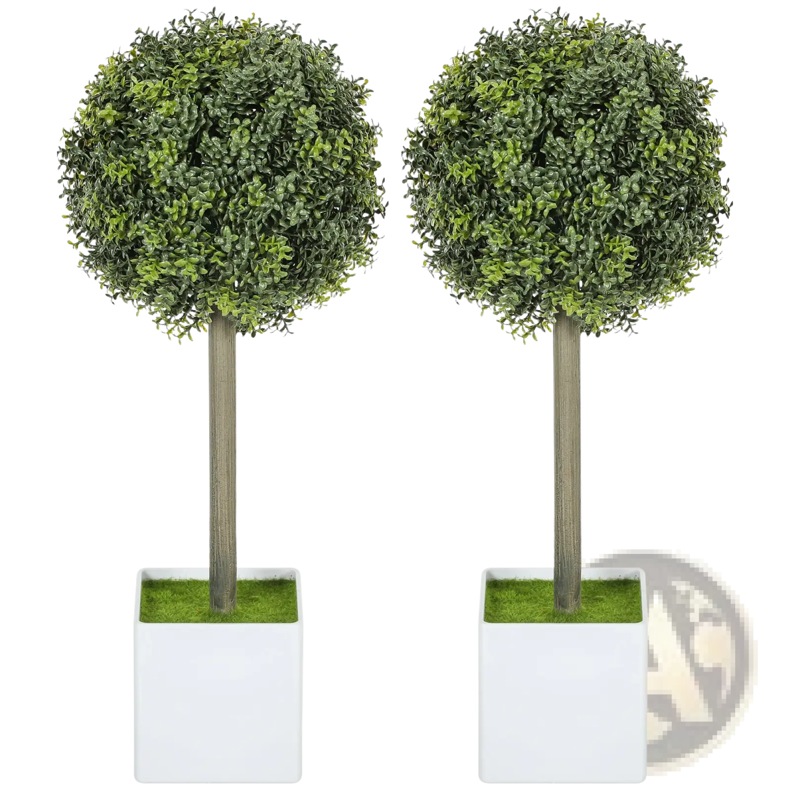 Two artificial boxwood topiary balls with dense dark green foliage in white square pots set of 2