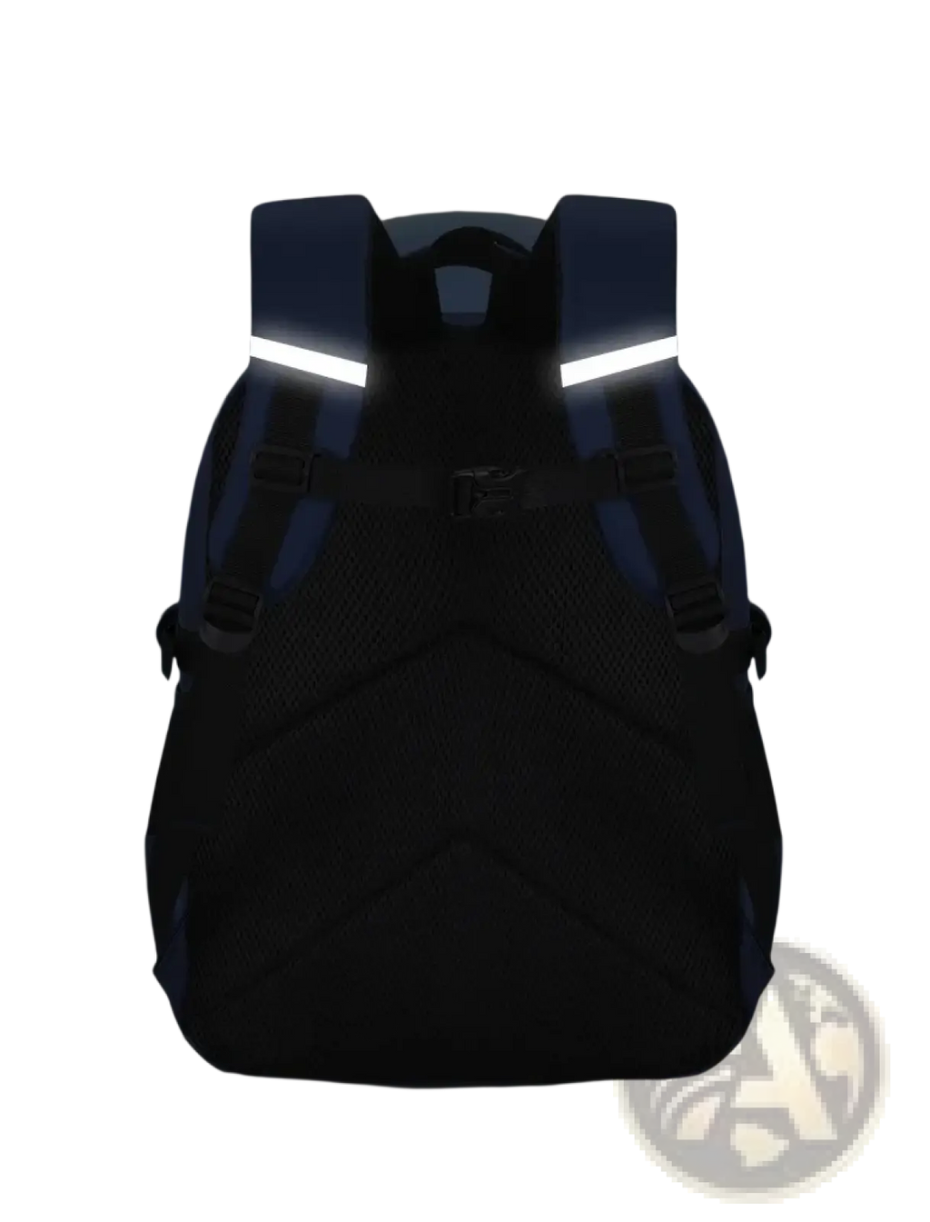 Back side of black and blue boys astronaut school backpack with waterproof reflective safety belt on shoulder straps