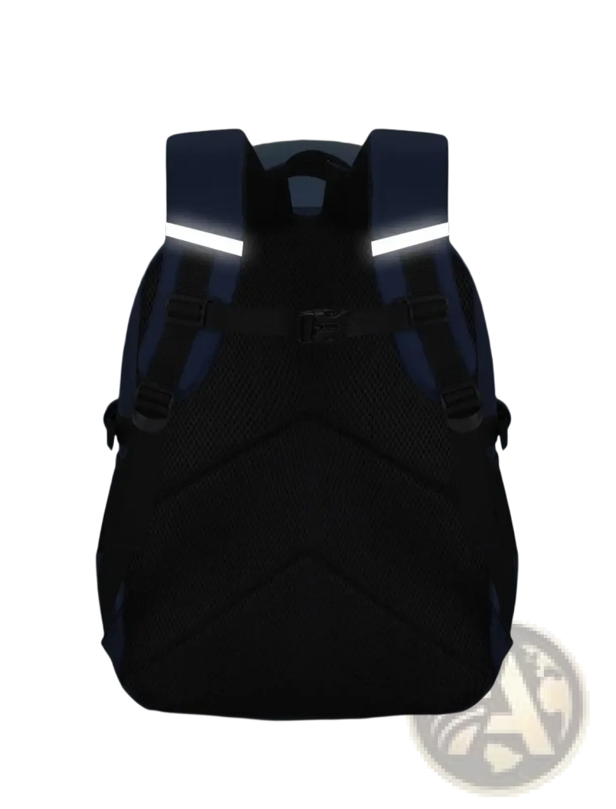 Back side of black and blue boys astronaut school backpack with waterproof reflective safety belt on shoulder straps