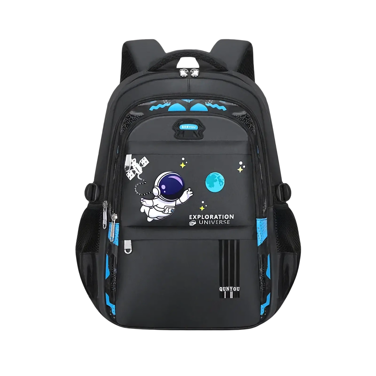 Boys astronaut school backpack in black and blue with waterproof material mesh side pockets and front zipper compartment