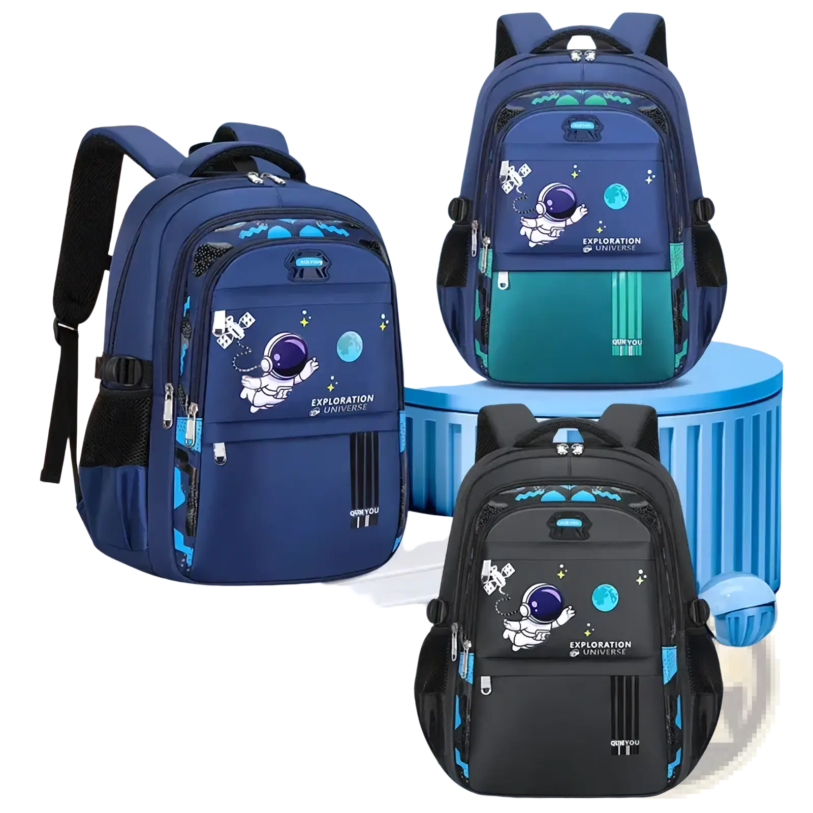 Boys astronaut school backpack waterproof book bag in blue and black with teal accents and exploration universe branding