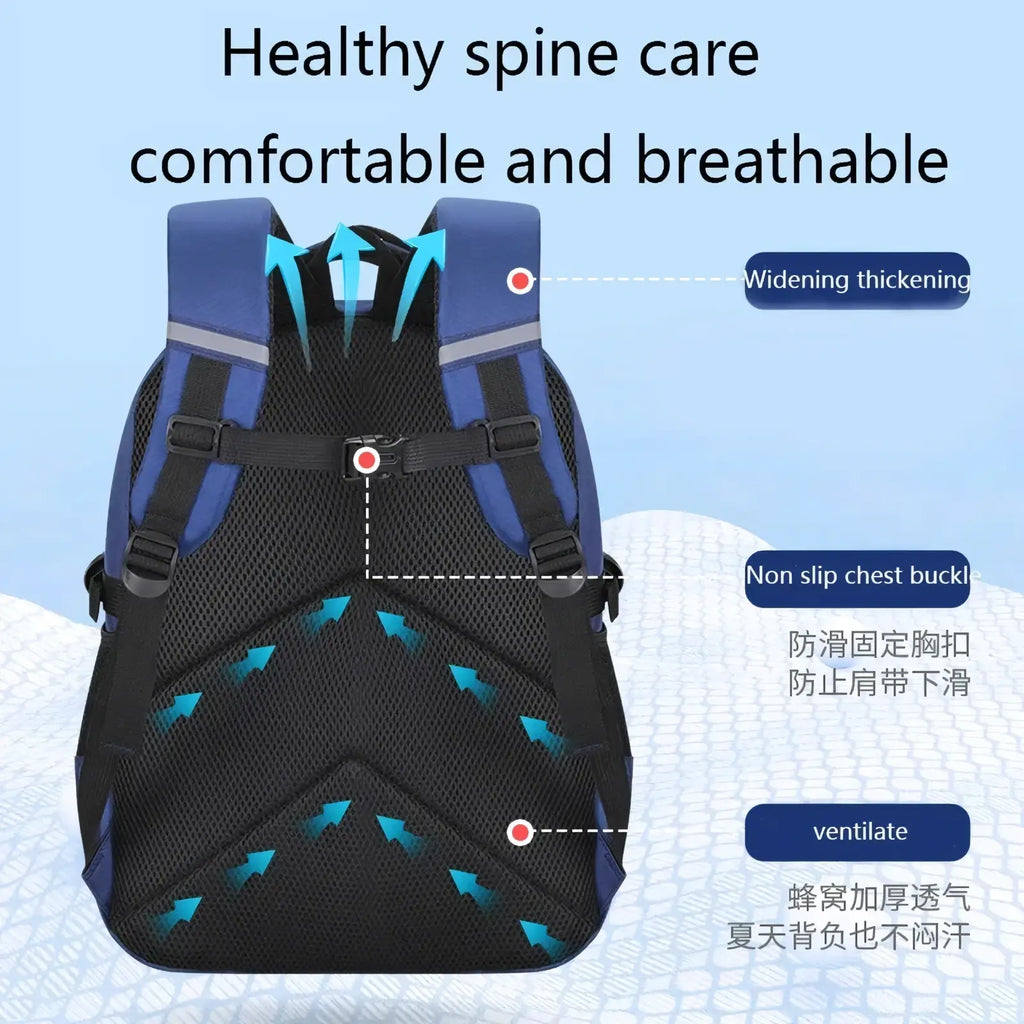 Blue and black mesh boys astronaut school backpack with padded shoulder straps for healthy spine care back view