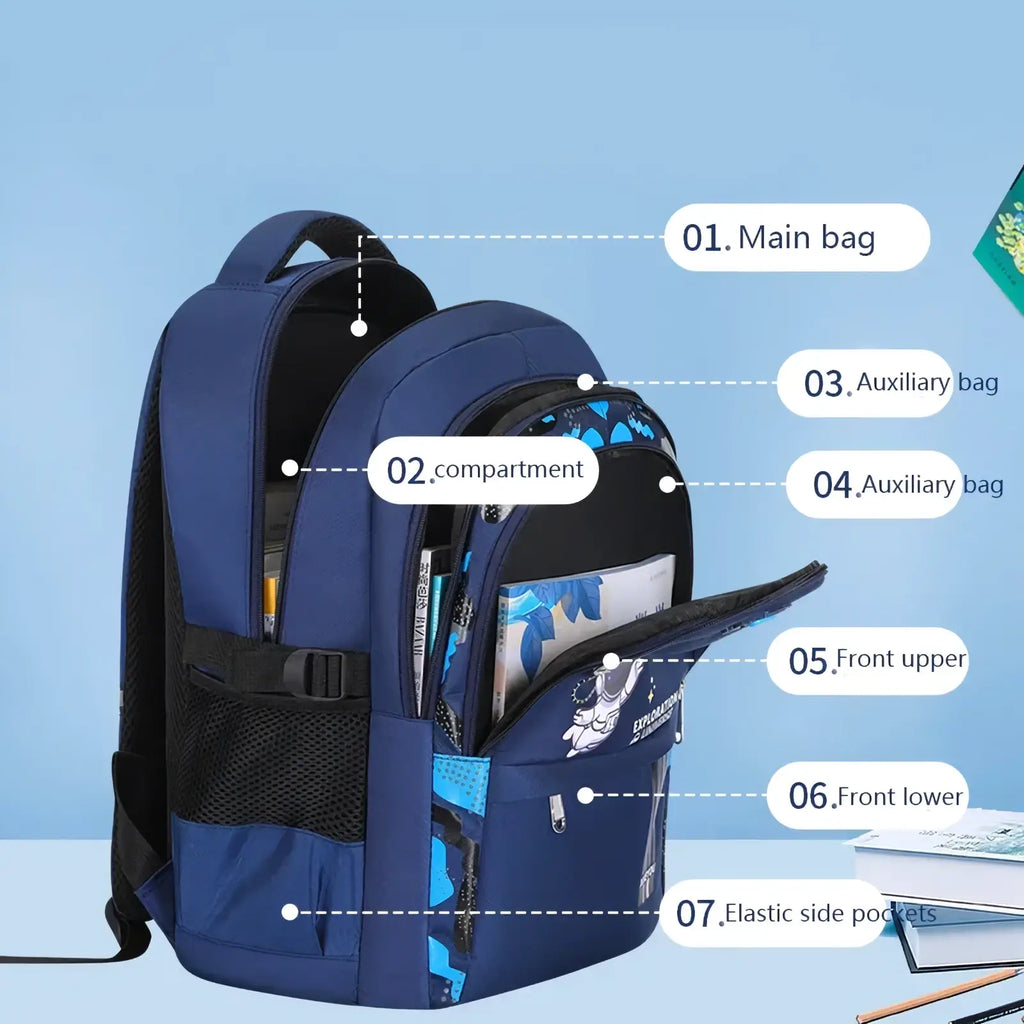 Blue boys astronaut school backpack with waterproof fabric black mesh zipper accents and cartoon astronaut design