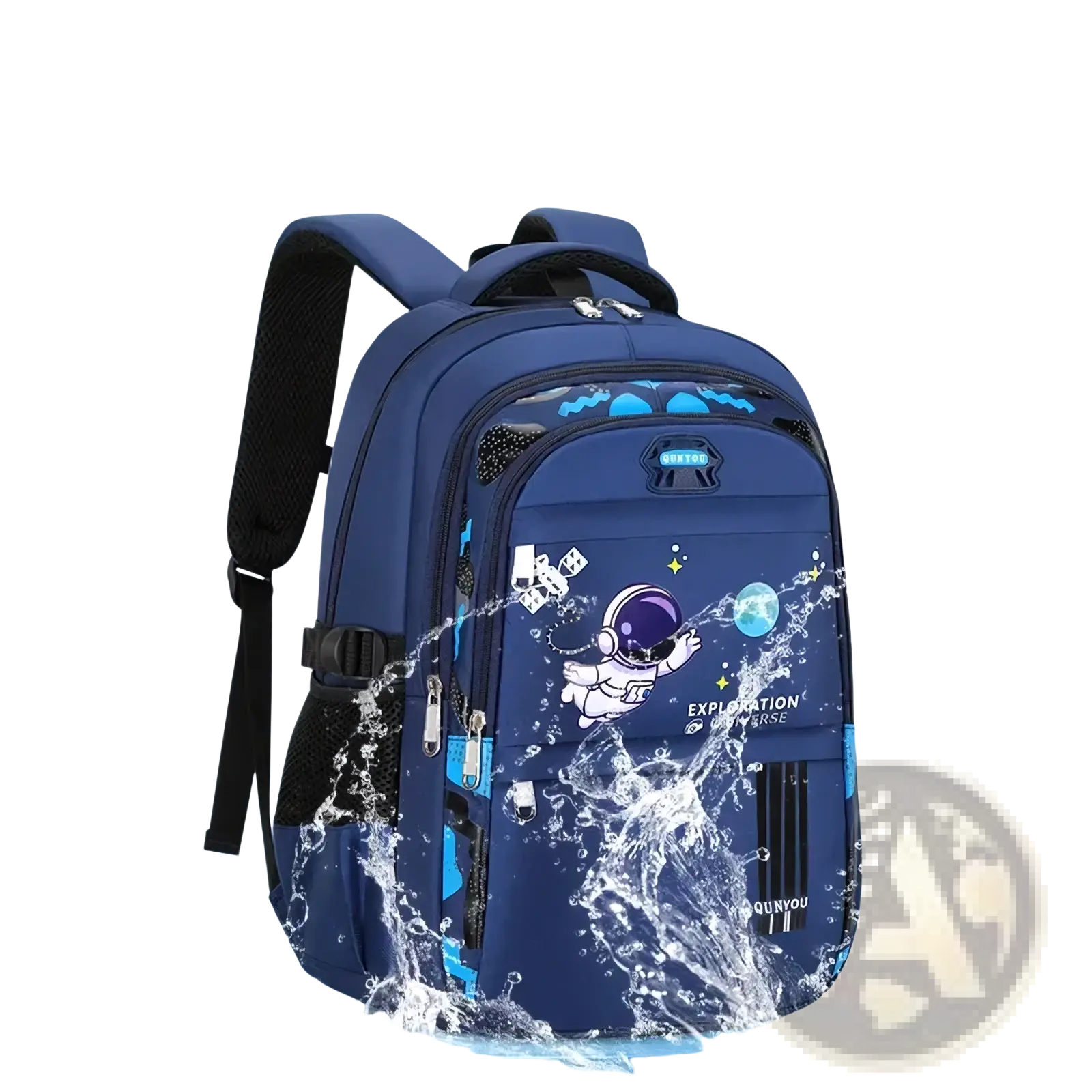 Blue boys astronaut school backpack with space-themed graphics and high-density waterproof material for protecting textbooks