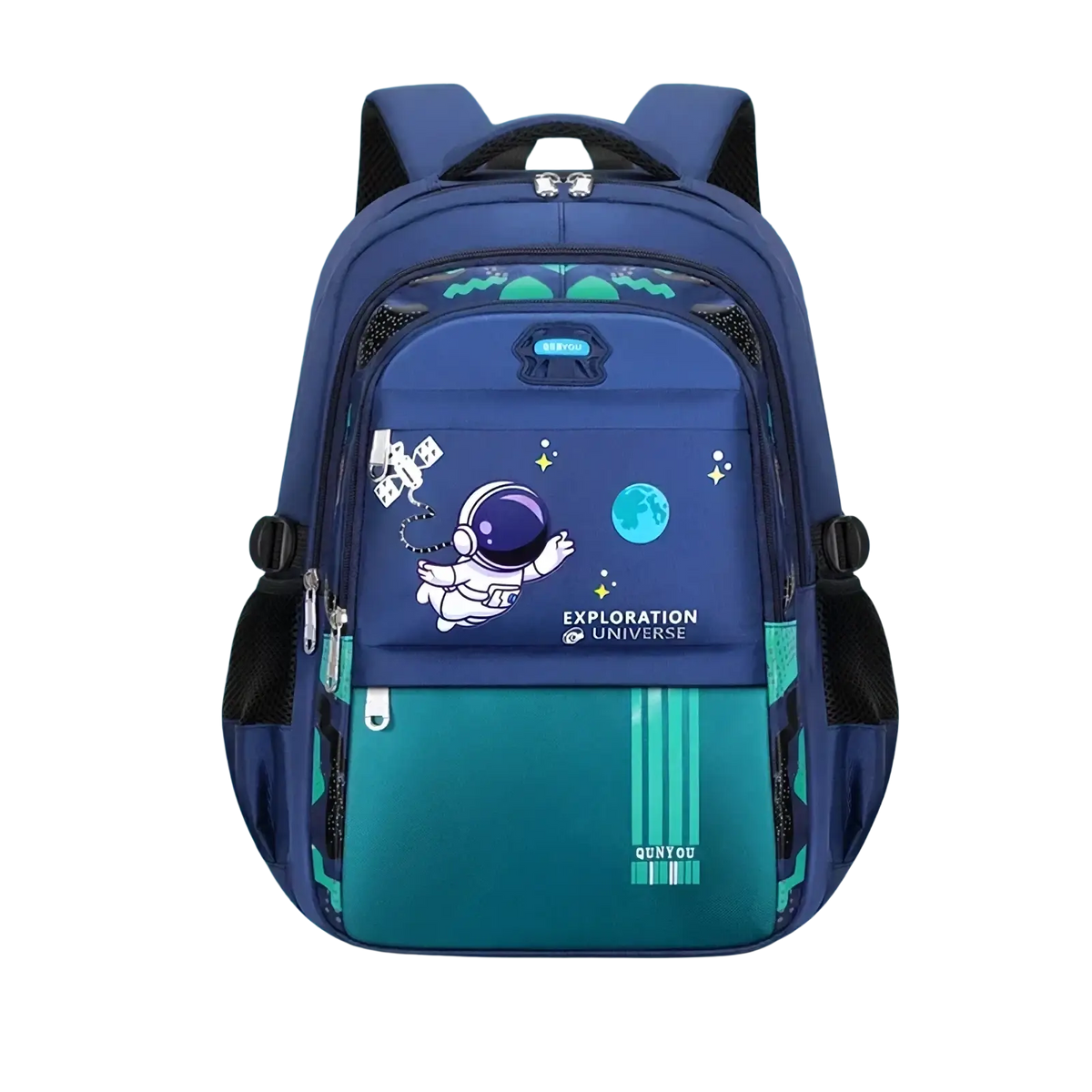 Boys astronaut school backpack in blue and teal with waterproof material and black straps featuring cartoon astronaut design