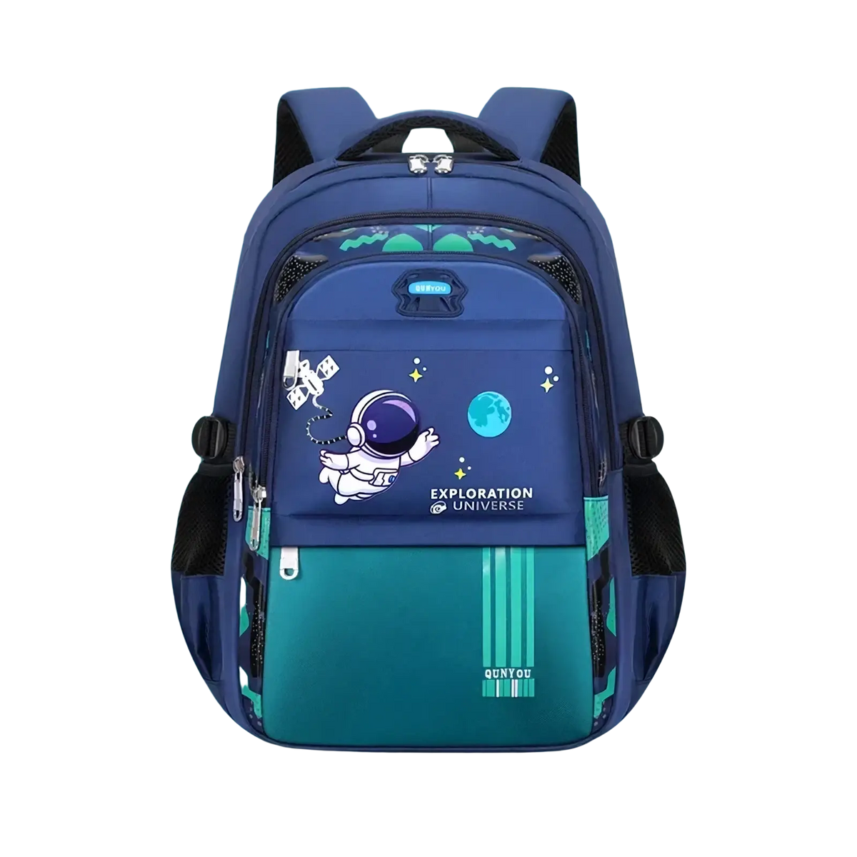 Blue and teal boys astronaut school backpack with waterproof material black straps and cartoon astronaut design