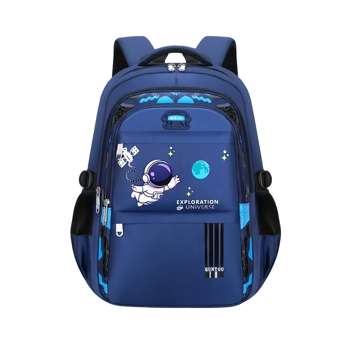 Blue boys astronaut school backpack with light blue accents waterproof book bag featuring exploration universe design