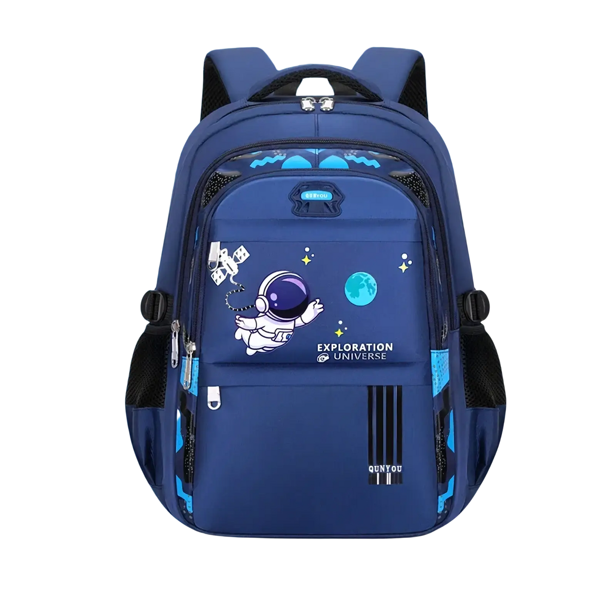 Boys astronaut school backpack in blue with black straps featuring waterproof material and a cartoon astronaut design