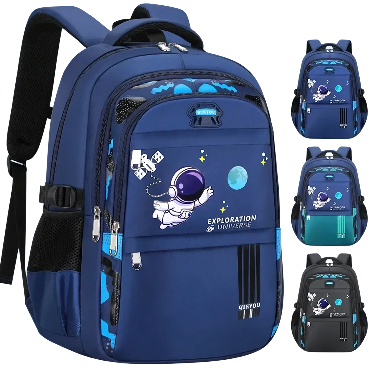 Blue boys astronaut school backpack with waterproof material black straps and cartoon astronaut design on front