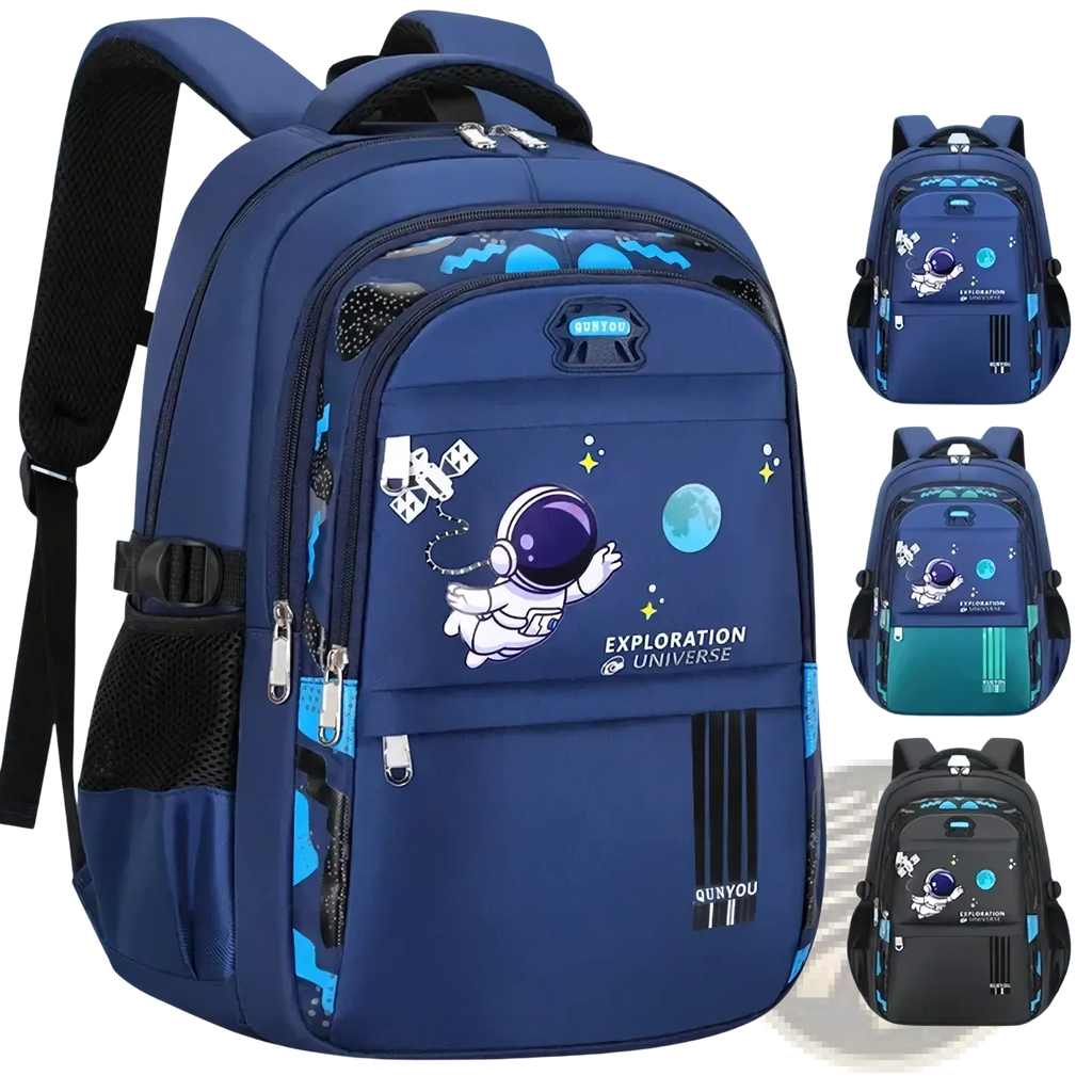 Blue boys astronaut school backpack with waterproof material black straps and cartoon astronaut design on front