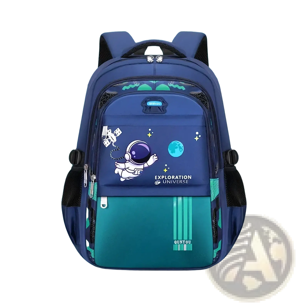 Blue and teal boys astronaut school backpack with waterproof material black straps and cartoon astronaut design