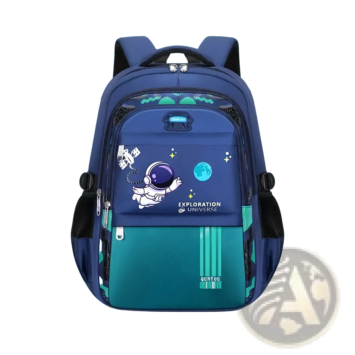 Blue and teal boys astronaut school backpack with waterproof material black straps and cartoon astronaut design