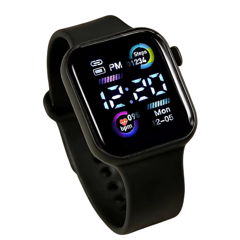 Black boys silicone digital fitness watch with rectangular face and matching silicone strap material type