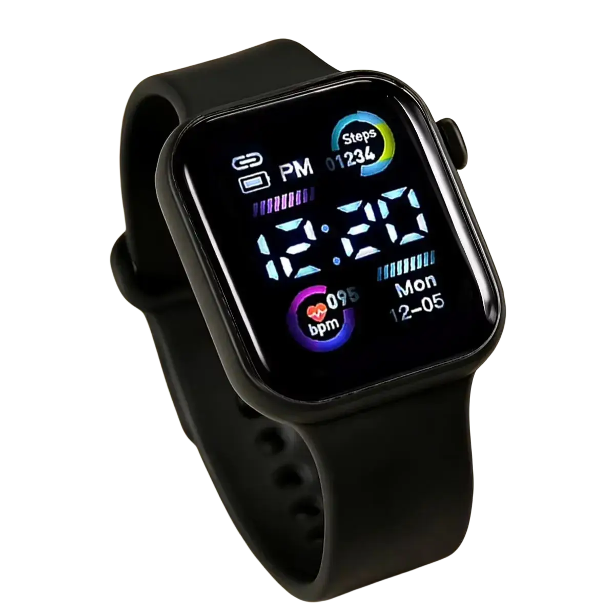 Black boys silicone digital fitness watch with rectangular face and matching silicone strap material type