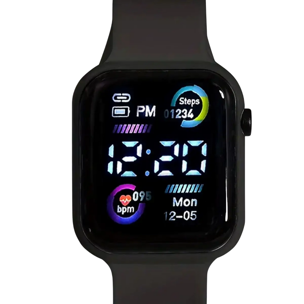 Black boys silicone digital watch with rectangular face and digital display showing time heart rate steps and date