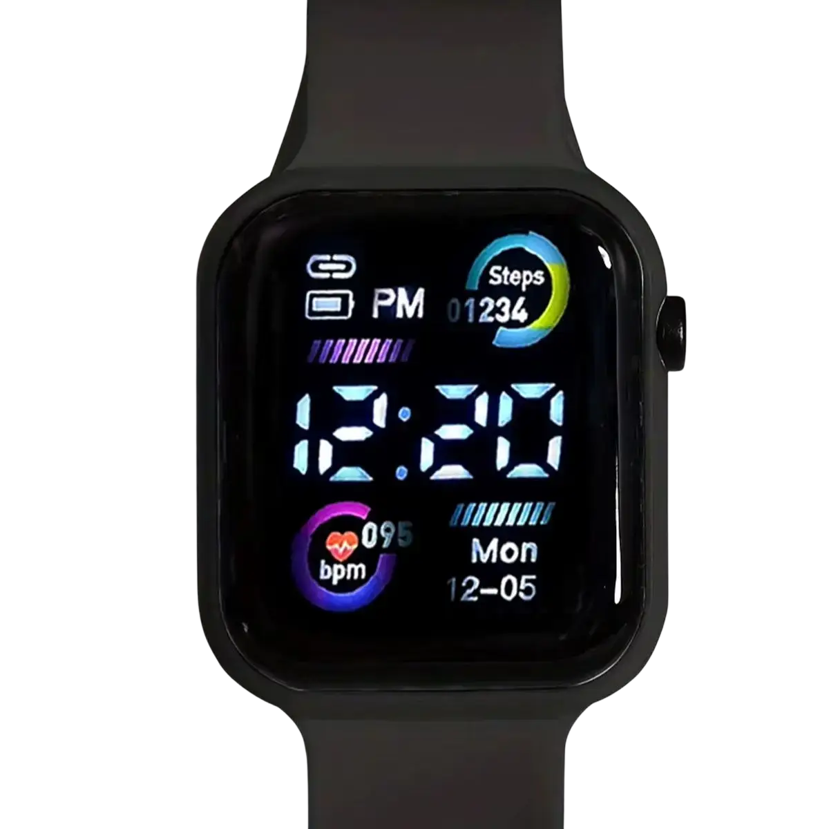 Black boys silicone digital watch with rectangular face and digital display showing time heart rate steps and date