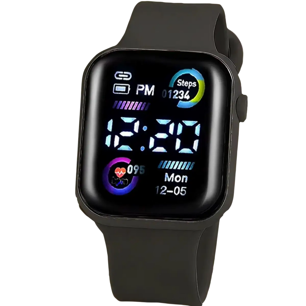 Black boys silicone digital watch with rectangular display showing time steps and heart rate in football bracelet set
