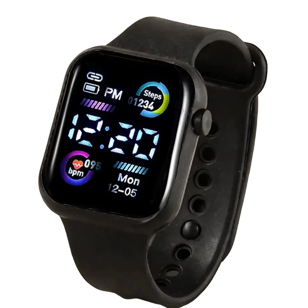 Boys silicone digital watch with black silicone material and square display showing time steps and heart rate features