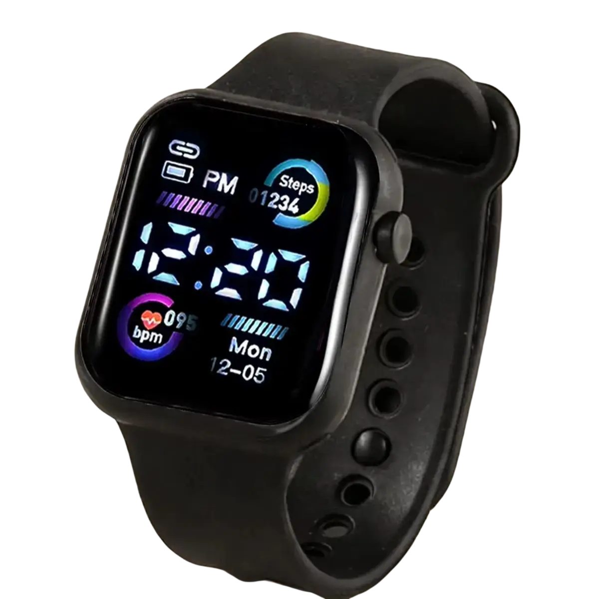Boys silicone digital watch with black silicone material and square display showing time steps and heart rate features