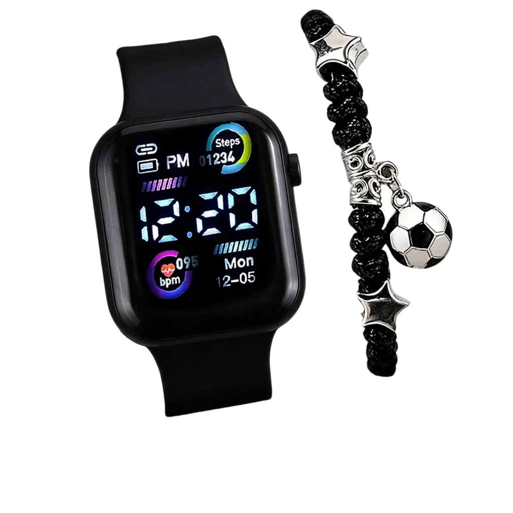 Black boys silicone digital watch with sleek rectangular face displaying time steps and heart rate for sports use