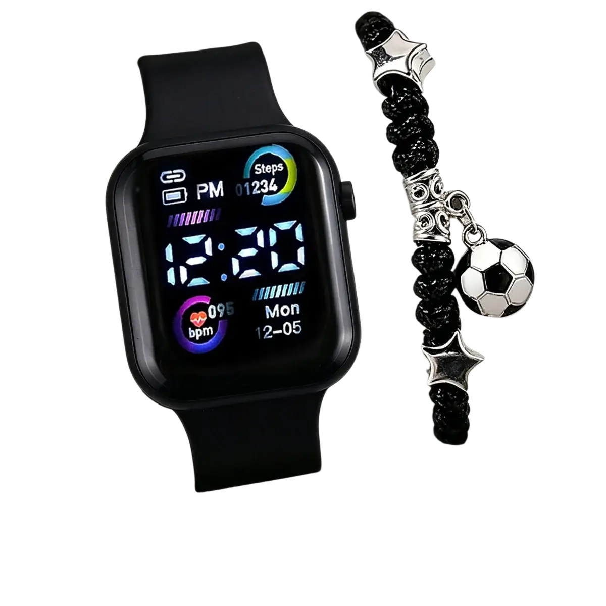 Black boys silicone digital watch with sleek rectangular face displaying time steps and heart rate for sports use