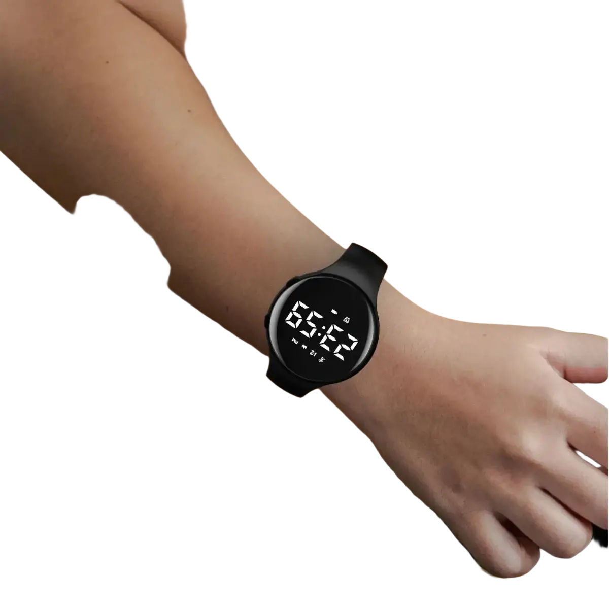 Black boys silicone sports watch with round face and sleek strap made of silicone material worn on wrist waterproof pedometer
