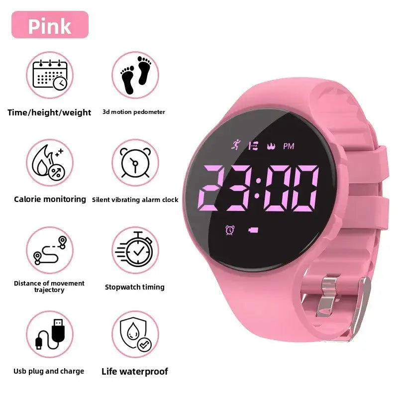 Pink boys silicone sports watch with waterproof pedometer featuring a silicone strap and black digital display screen
