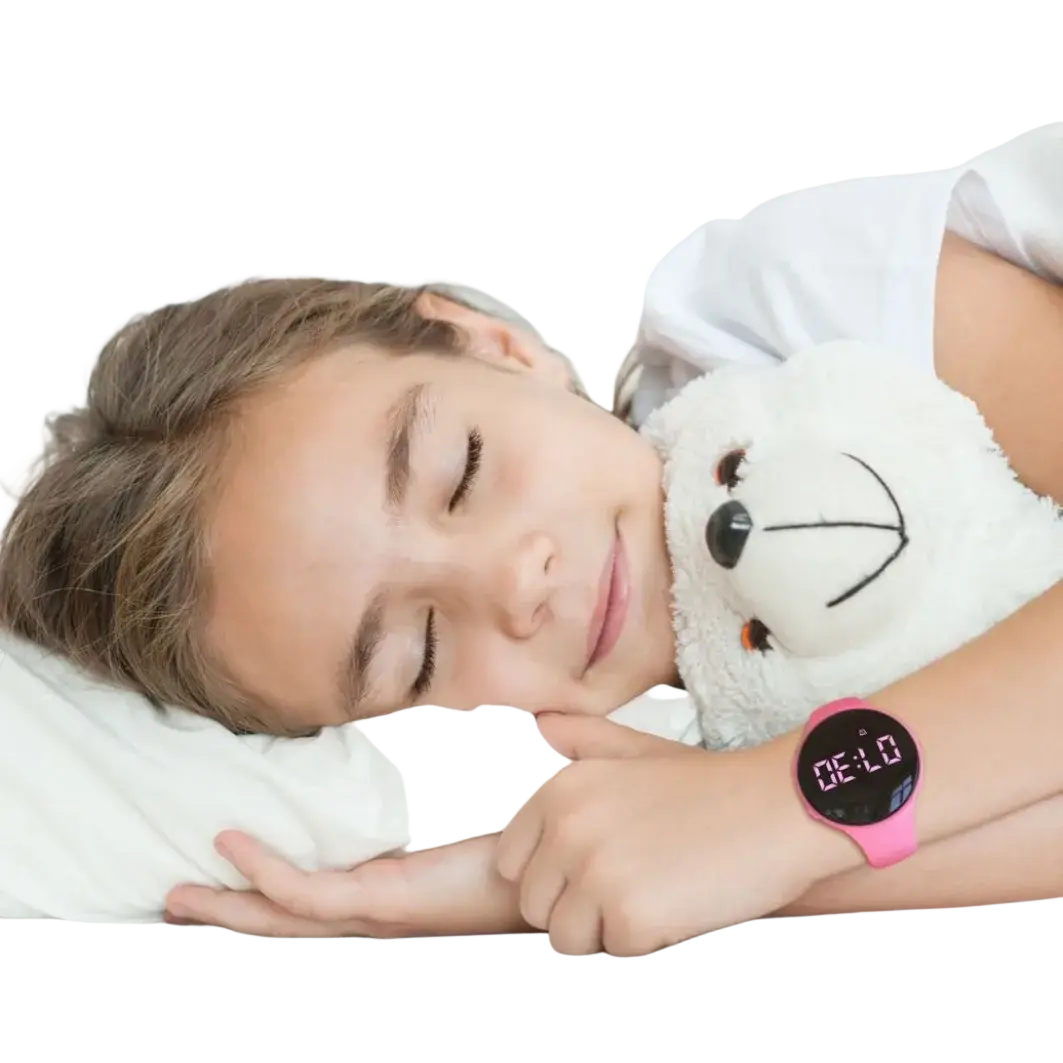 Pink silicone wristband boys sports watch with waterproof material type and black digital display showing time