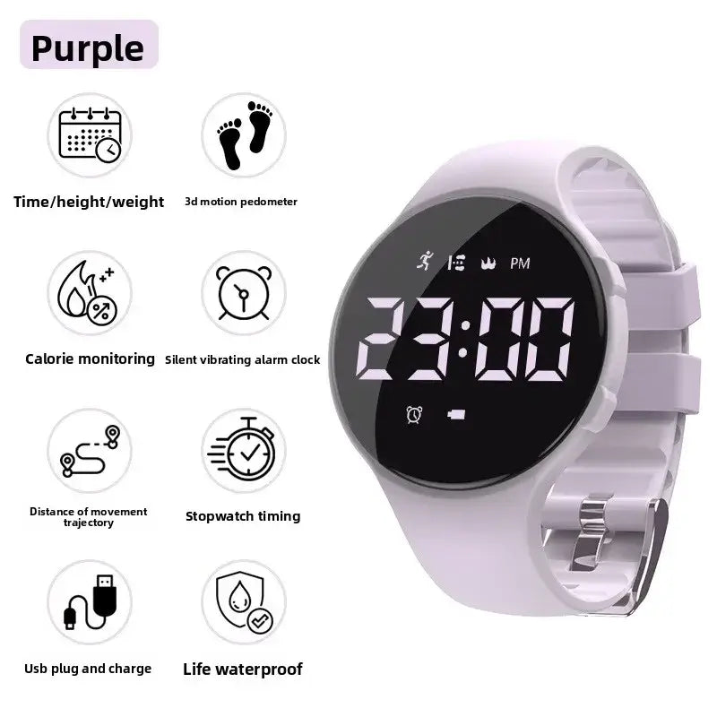 Boys silicone sports watch purple waterproof pedometer with sleek rounded case and silicone strap material type
