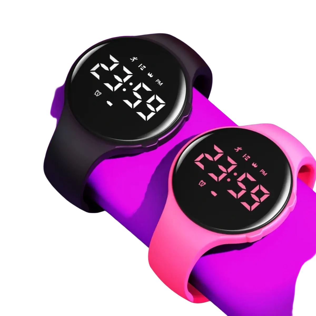 Two boys silicone sports watches with black faces and bright pink and black silicone straps displaying white led time