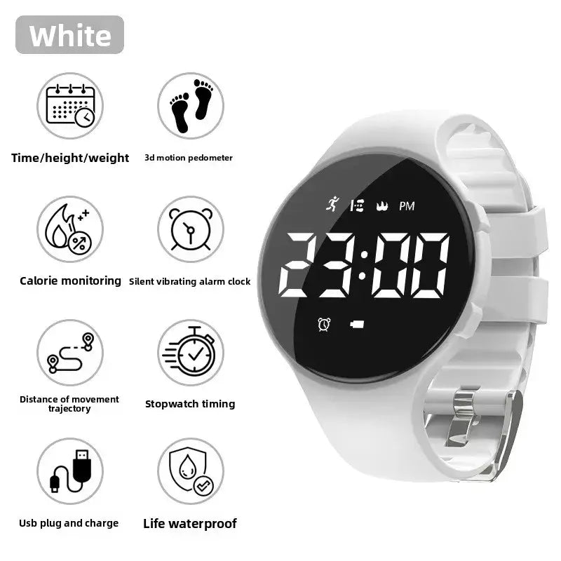 White boys silicone sports watch with waterproof pedometer feature and matching silicone strap material type