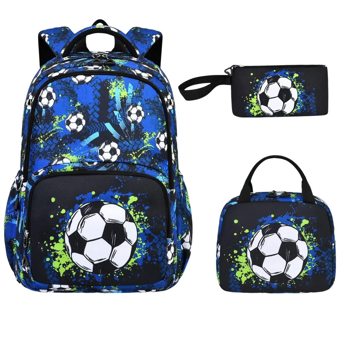Blue and black boys soccer school backpack set with neon green splatter design for sports and school use