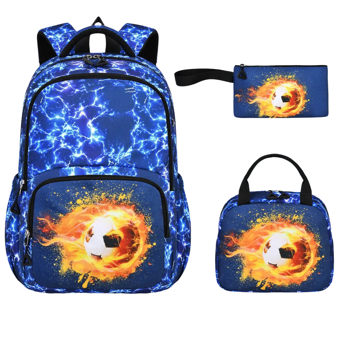 Boys soccer school backpack set with blue lightning and fiery soccer ball design and black zippers and straps