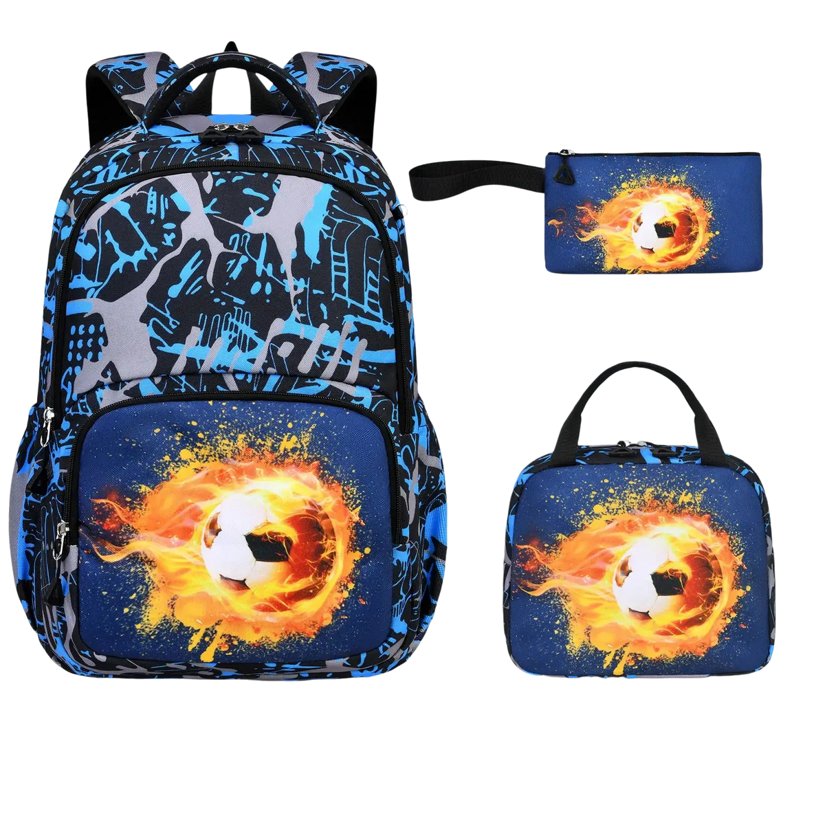 Boys soccer school backpack set with blue graffiti soccer ball design, fiery orange flames, black straps, and lunch bag