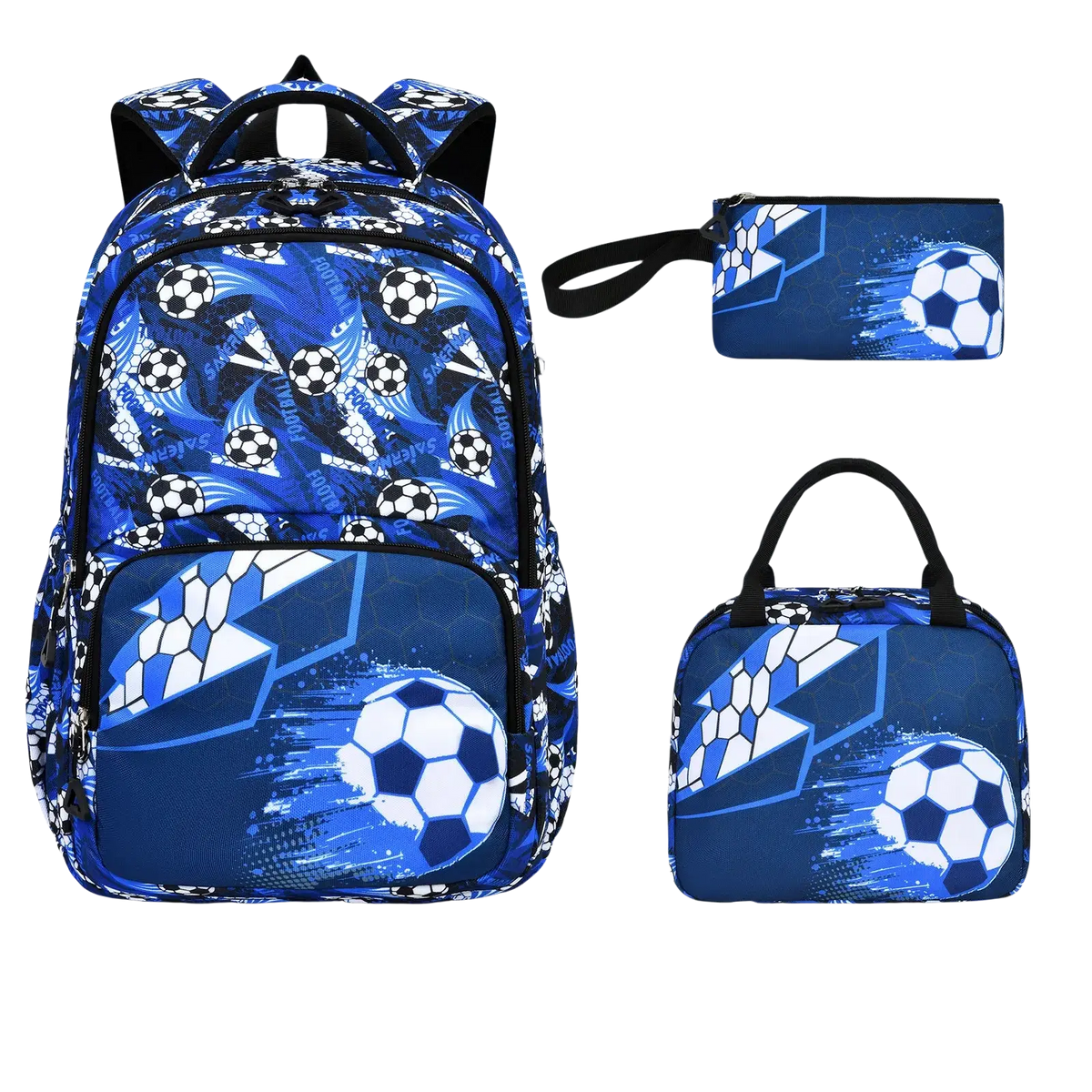 Boys soccer school backpack set three-piece featuring a blue fabric with white football pattern and black straps