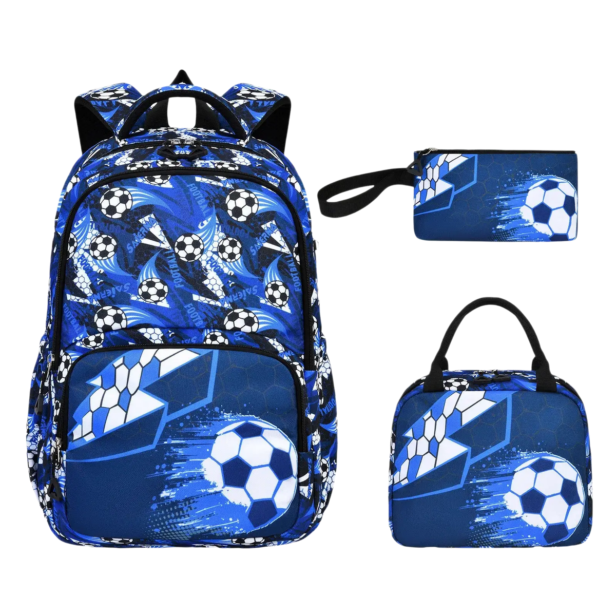 Boys soccer school backpack set 3-piece featuring a blue soccer-themed backpack with black straps and white football graphics