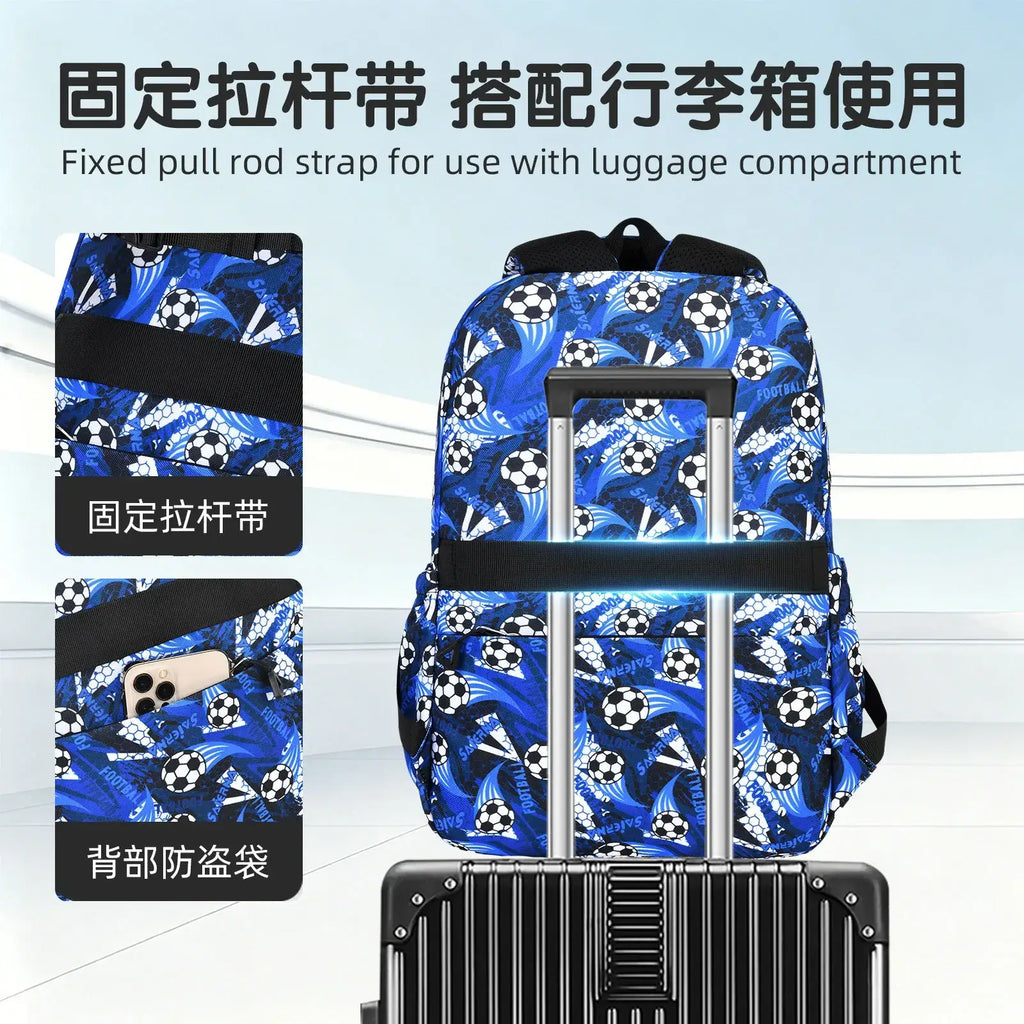 Blue boys soccer school backpack set 3-piece with black straps and fixed pull rod strap for luggage use