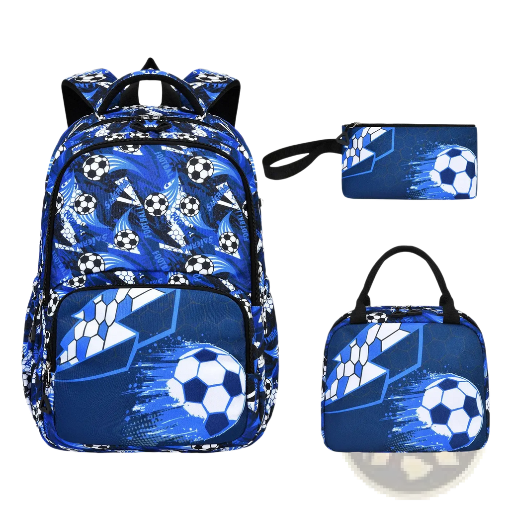 Boys soccer school backpack set 3-piece featuring a blue soccer-themed backpack with black straps and white football graphics