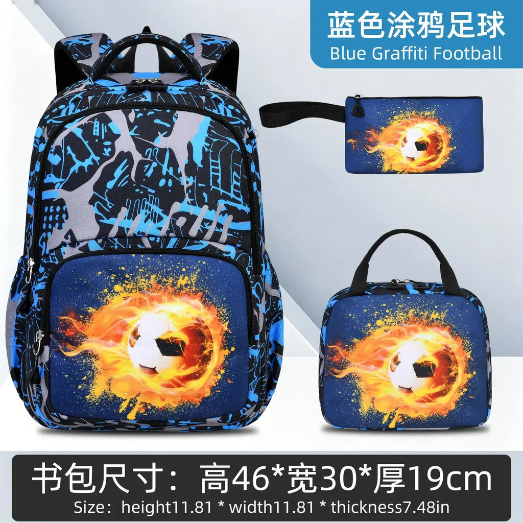 Boys soccer school backpack set with blue graffiti soccer ball design, fiery orange flames, black straps, and lunch bag
