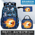 Boys soccer school backpack set with blue graffiti soccer ball design, fiery orange flames, black straps, and lunch bag