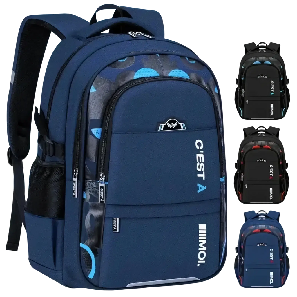 Boys waterproof school backpack in navy blue with light blue circular patterns and black accents featuring multiple zippers