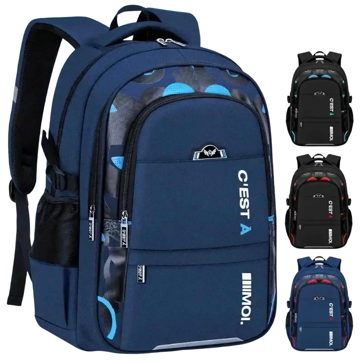 Boys waterproof school backpack in navy blue with light blue circular patterns and black accents featuring multiple zippers