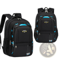 Black waterproof boys school backpack with blue and yellow accents and sport logo backpack front shown