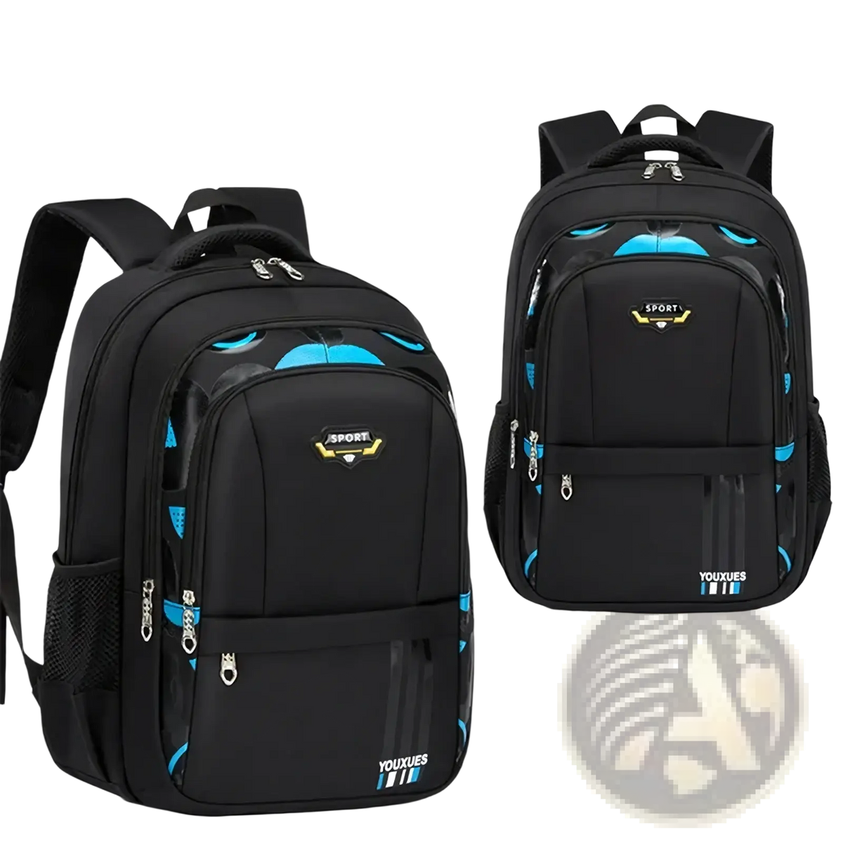 Black waterproof boys school backpack with blue and yellow accents and sport logo backpack front shown