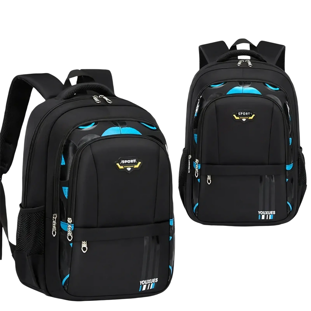 Black waterproof boys school backpack with blue and yellow accents and sport logo backpack front shown