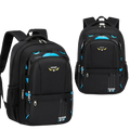 Black waterproof boys school backpack with blue and yellow accents and sport logo backpack front shown