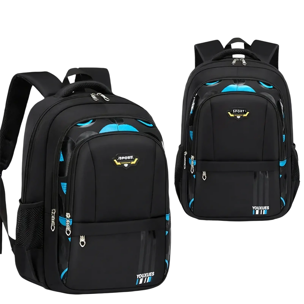Black waterproof boys school backpack with blue and yellow accents and sport logo backpack front shown