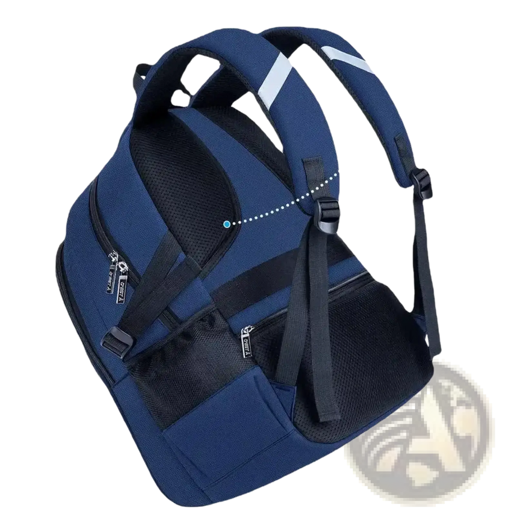 Boys waterproof school backpack navy blue with blue and black mesh back and white reflective stripes on straps
