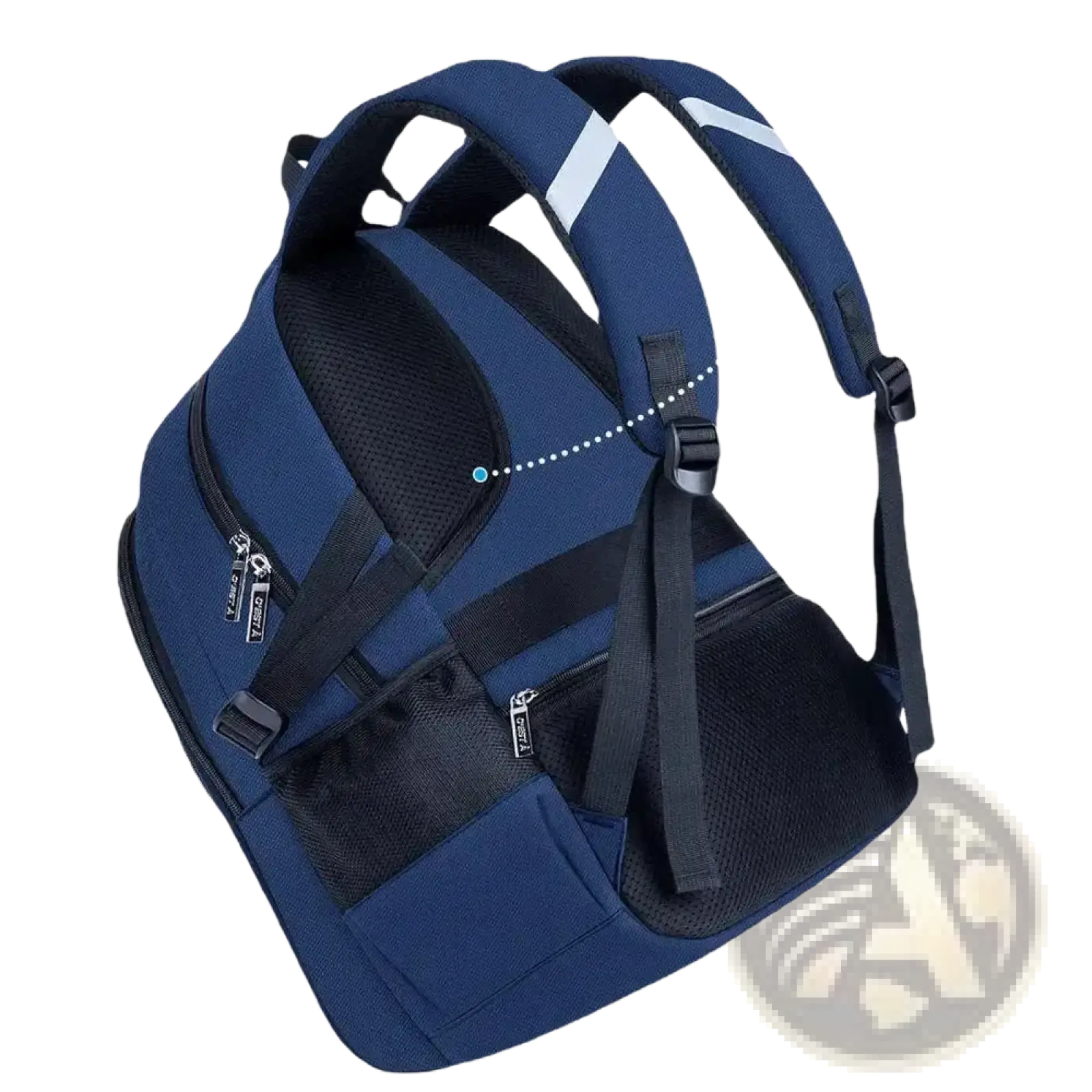 Boys waterproof school backpack navy blue with blue and black mesh back and white reflective stripes on straps