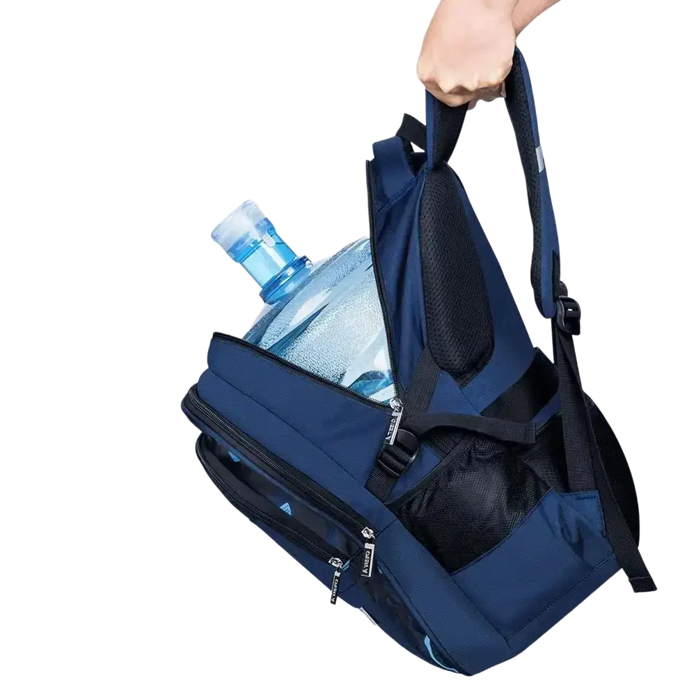 Dark blue and black nylon boys waterproof school backpack with reinforced straps designed for heavy-duty use